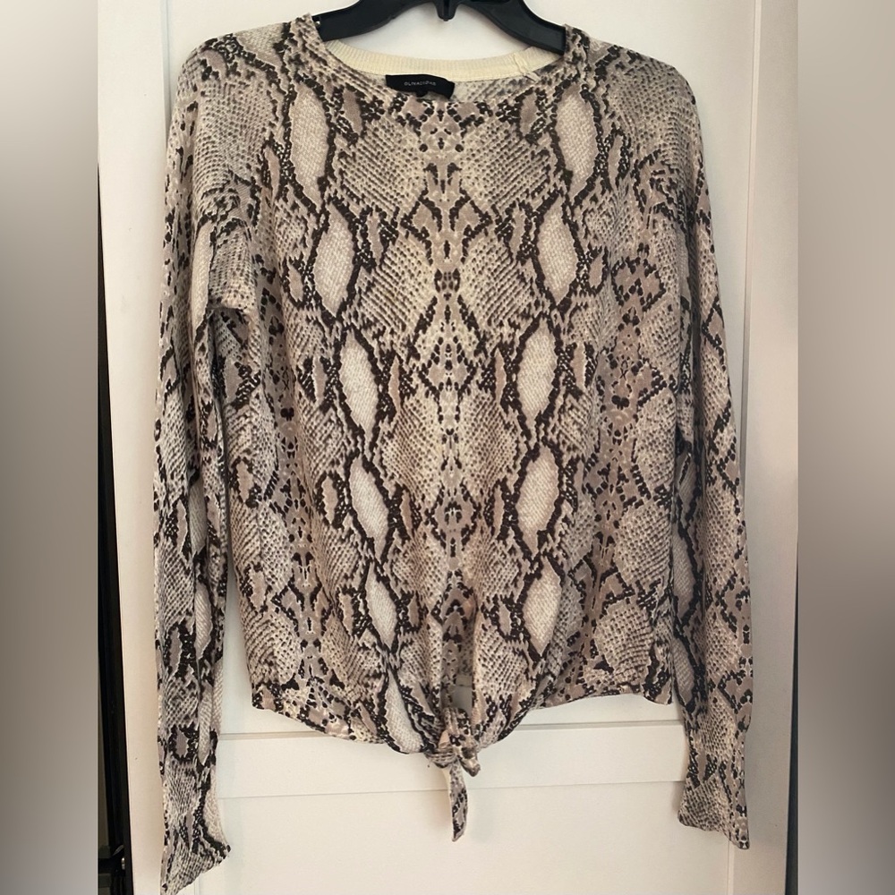 Olivaceous leopard print front tie sweater.  Lightweight/thin.  Soft.